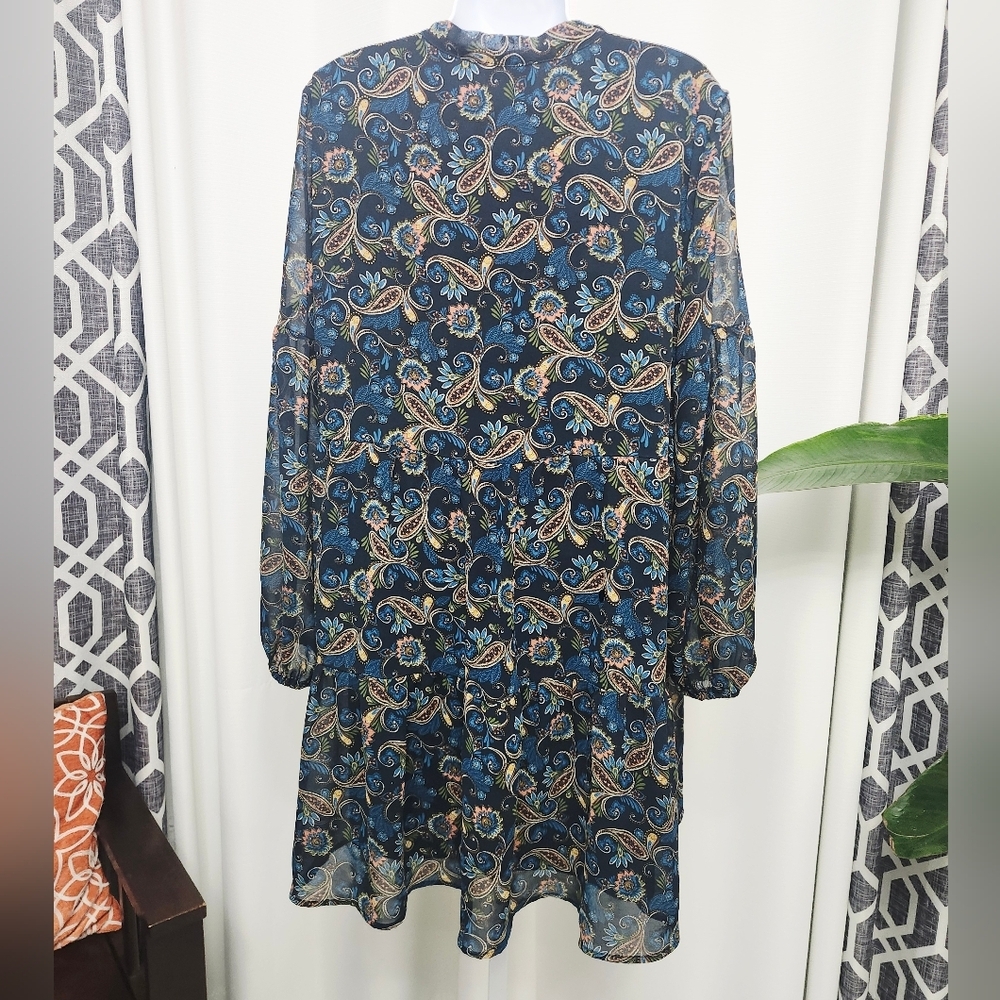 Luxology Blue and Gold Paisley Long Sleeve Flowy Dress - Picture 2 of 7